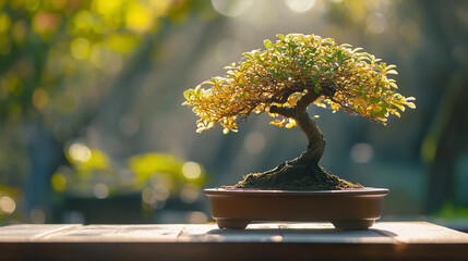 Sunlit bonsai tree on wooden table.