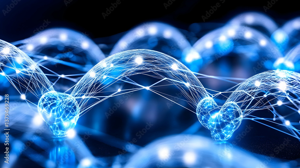 Poster abstract glowing network of interconnected nodes, forming flowing, wave-like patterns