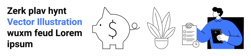Piggy bank with dollar sign, potted plant, checklist in clipboard on tablet held by person. Ideal for finance, savings, productivity, growth, task management, investment flat landing page banner