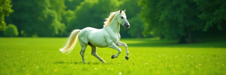 Fototapeta premium Majestic white unicorn stallion prancing in a lush green meadow, unicorn, peaceful, horse