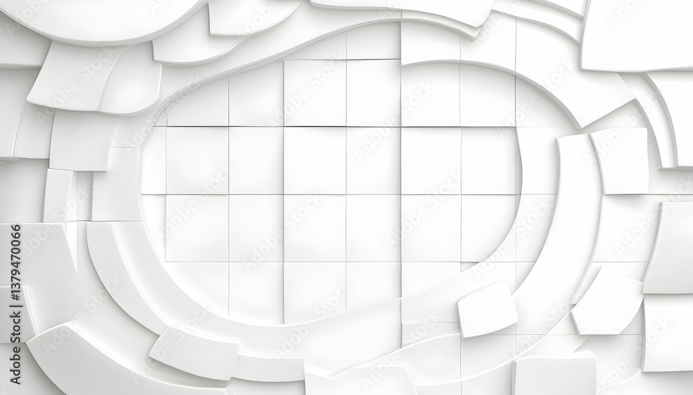 Poster abstract white 3d geometric shapes forming an oval frame on a tiled background