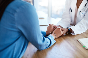Holding hands, bad news or doctor with sick patient for support, medical diagnosis or infertility...