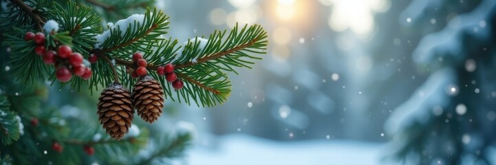 Lush fir branches and pine cones in winter scene, greenery, frosty, woodland