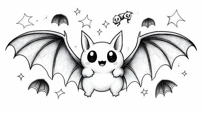 Adorable cartoon bat with large wings and tiny bat friend, surrounded by stars