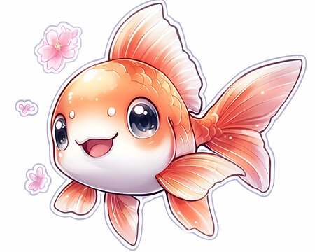 Adorable cartoon goldfish with cherry blossoms
