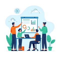 Flat Illustration of Corporate Teamwork in Modern Office