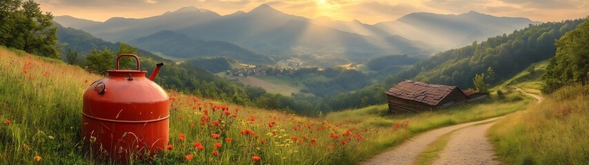 Obraz premium Red Canister with Sunset Mountain View.