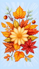 Autumnal flower and leaf bouquet illustration