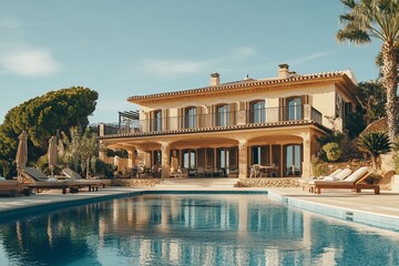Luxury villa with pool, patio, and palm trees.