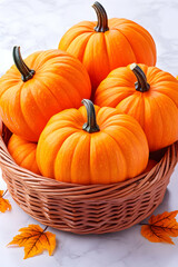 Bright orange pumpkins in a wicker basket, autumn leaves scattered nearby