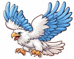 Cartoon eagle in flight, white body, blue wings, open beak