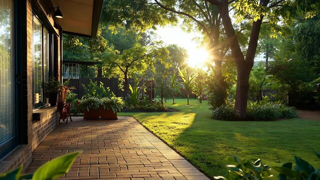 Walkway with green plants and house. Path of nature and sun on lawn. A tree looks out over a house. A path lined with greenery alongside a house lifestyle.
