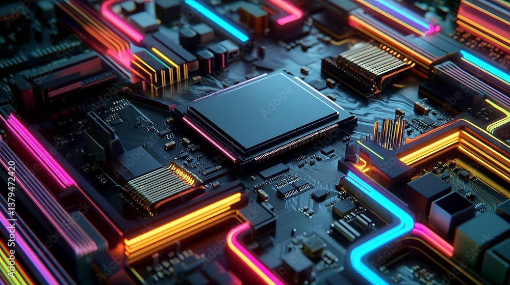 Poster close-up view of an electronic circuit board featuring a central processing unit surrounded by vibra
