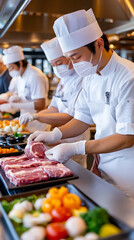 Chefs in white uniforms and masks prepare raw meat and vegetables