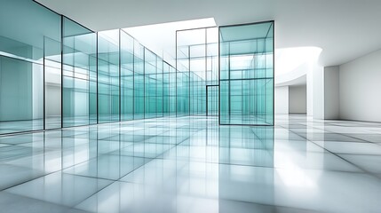 Fototapeta premium Modern Architectural Interior Design Featuring Glass Walls and Reflective Surfaces