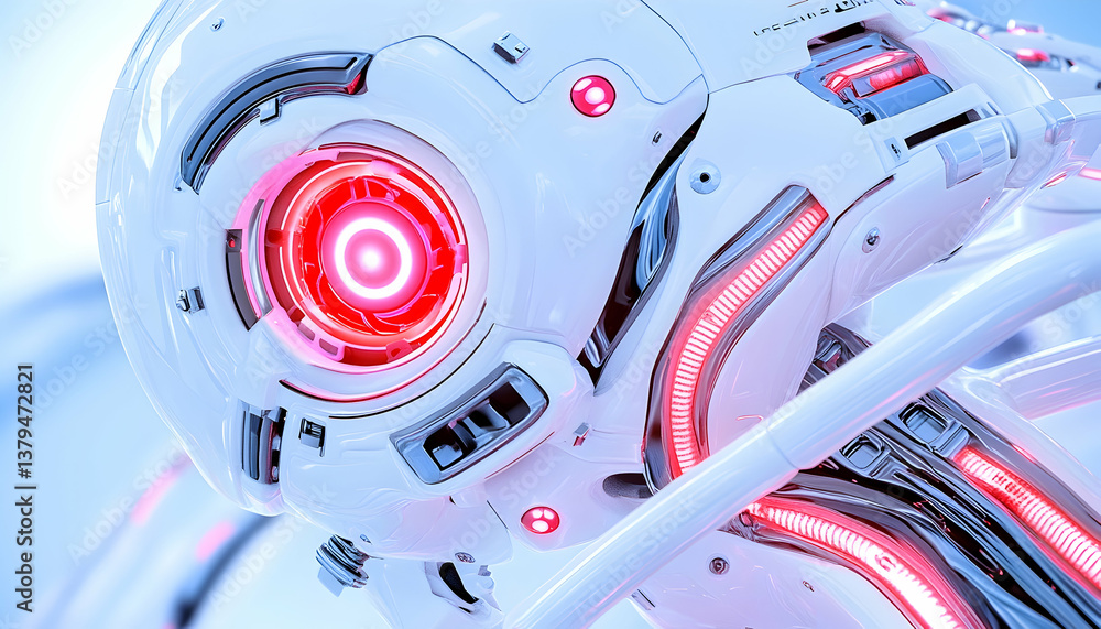 Poster Close-up of a futuristic white robot head with glowing red optical sensor and internal mechanisms