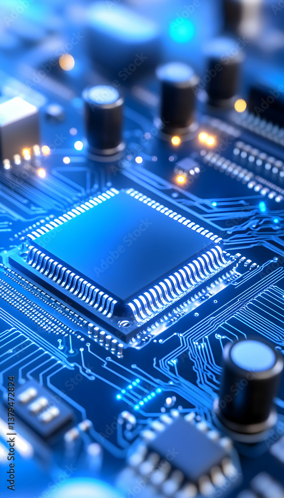 Poster close-up of a glowing blue circuit board with a central processor