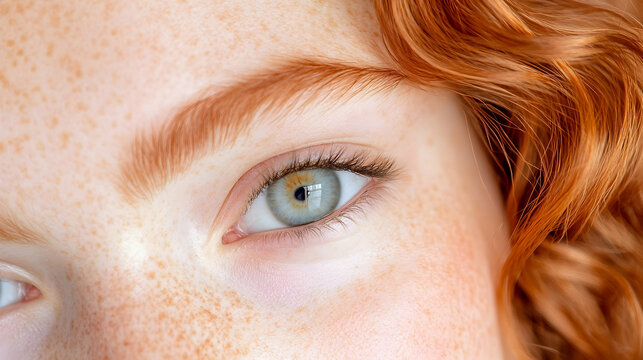 Close-up of a girl's green eye, freckles, and red curly hair