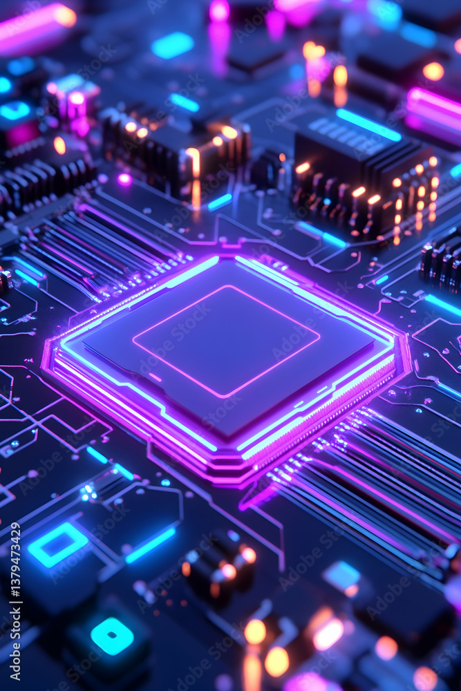 Poster close-up of illuminated central processing unit on circuit board (1)