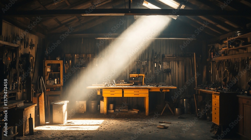 Poster sunbeam illuminates a cluttered rustic workshop, tools and workbench visible.