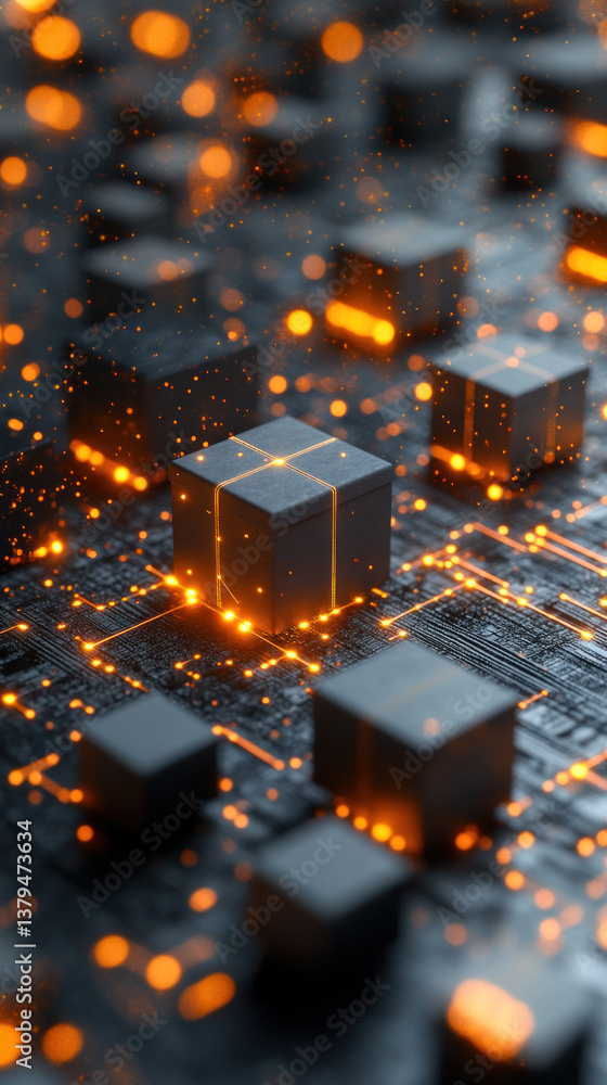 Poster a close up of a computer chip with a box on it. the box is lit up with a bright orange glow