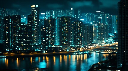 Night cityscape with blurred lights reflecting on water.