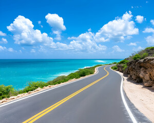 Coastal highway winding along turquoise ocean under a bright sunny sky