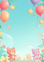 Cute illustration featuring teddy bears, balloons, and stars in a cheerful setting.
