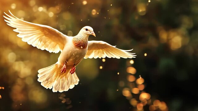 White dove flying in the air. A blurry background of a bird flying. A tree with leaves glares at the light. A white dove soaring through the sky lifestyle.