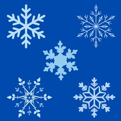 Fototapeta premium This is a beautiful collection of snowflake illustrations set against a deep blue background. Each snowflake showcases unique, intricate, and symmetrical designs, representing the beauty of winter and