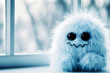 Obraz premium Fluffy blue creature with big eyes, winter scene. 
