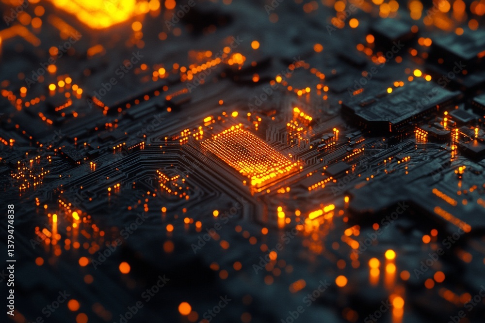Aufkleber close-up of illuminated circuit board with central processor glowing orange.