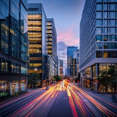Fototapeta premium City street at dusk with light trails from traffic.