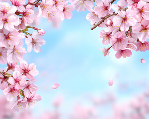 Delicate pink cherry blossoms frame a light blue sky, petals falling gently