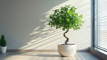 Obraz premium Sunlit indoor plant in a white pot near window.