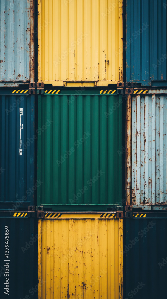 Poster a stack of containers with yellow and green stripes. the yellow stripe is on the top of the containe