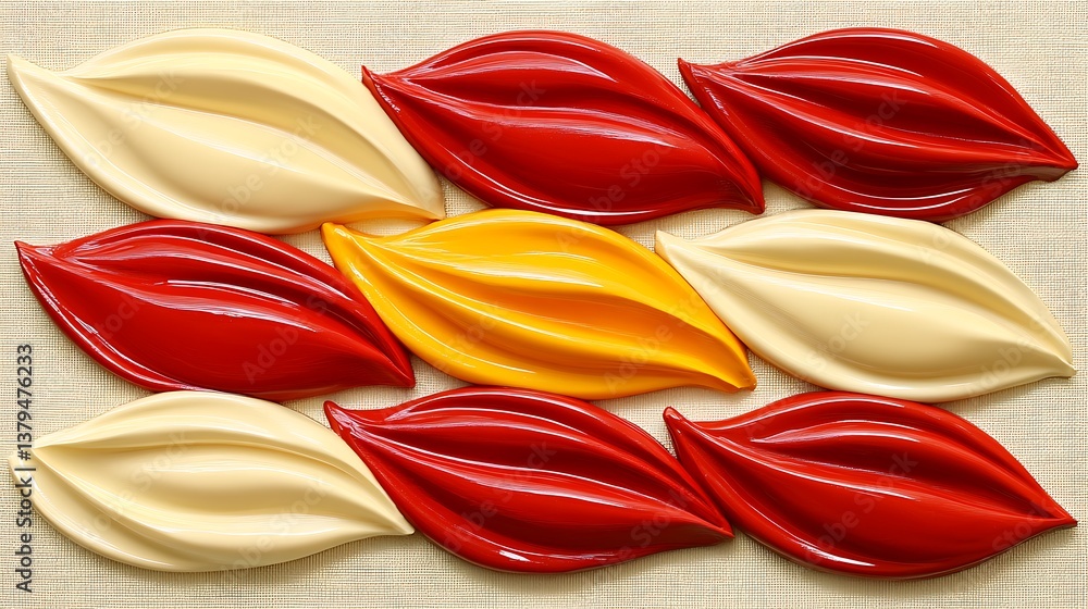 Poster colorful smooth petal shaped objects arranged across a textured surface