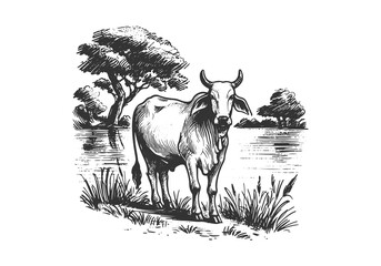 Brahman Cattle hand drawn sketch illustration vector