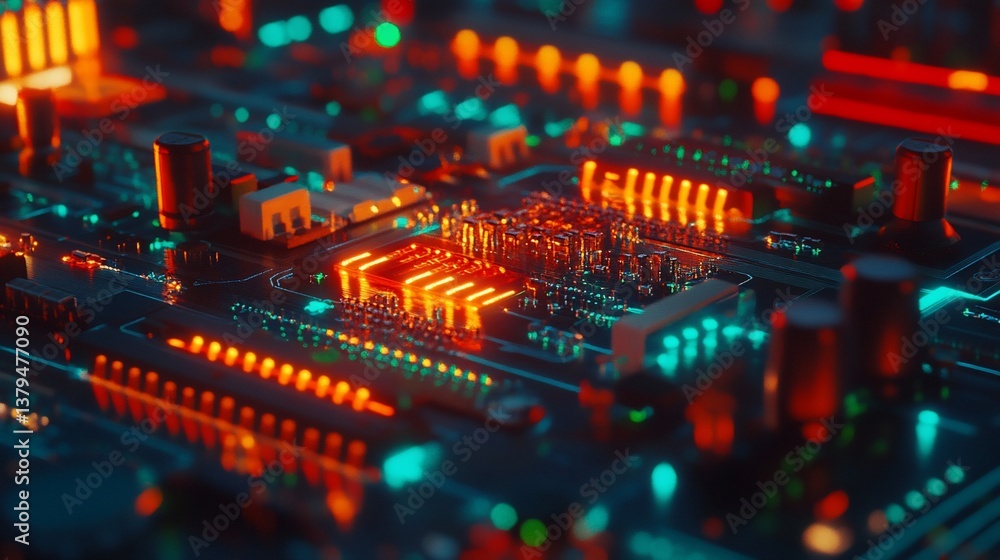 Aufkleber close-up of illuminated circuit board with glowing components.