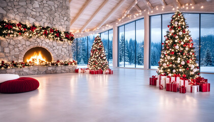 Festive Christmas interior with stone fireplace, two decorated trees, gifts, and snowy mountain view