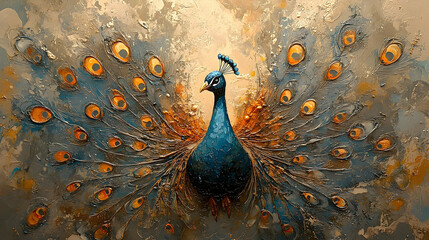 A colorful painting depicting a beautiful peacock in its full glory