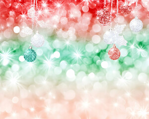 Festive red, green, and white bokeh background with hanging sparkly ornaments