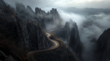 Winding road through misty mountain peaks and ancient ruins.