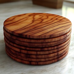 Stacked wooden coasters on marble surface