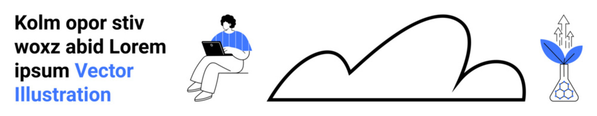 Person working on laptop, abstract cloud, and sprouting plant as growth and technology concept. Ideal for innovation, technology, growth, minimalism, creativity, nature simple landing page