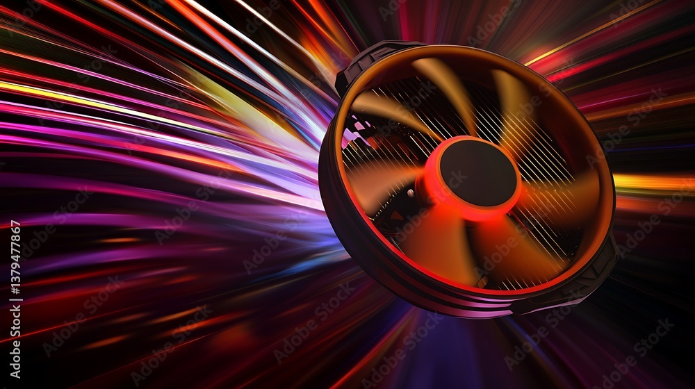 Poster a high-tech computer fan with dynamic motion blurs, radiating vibrant colors of red, purple, and yel