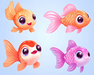 Four adorable cartoon goldfish in orange and pink, varying poses