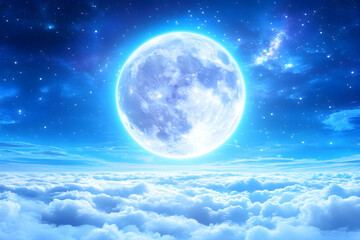 Full moon above a sea of clouds at night, under a starry sky