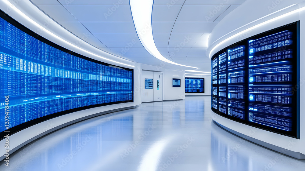 Poster futuristic data center corridor with large curved screens displaying blue digital information