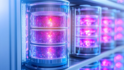 Futuristic data storage units glowing with vibrant energy